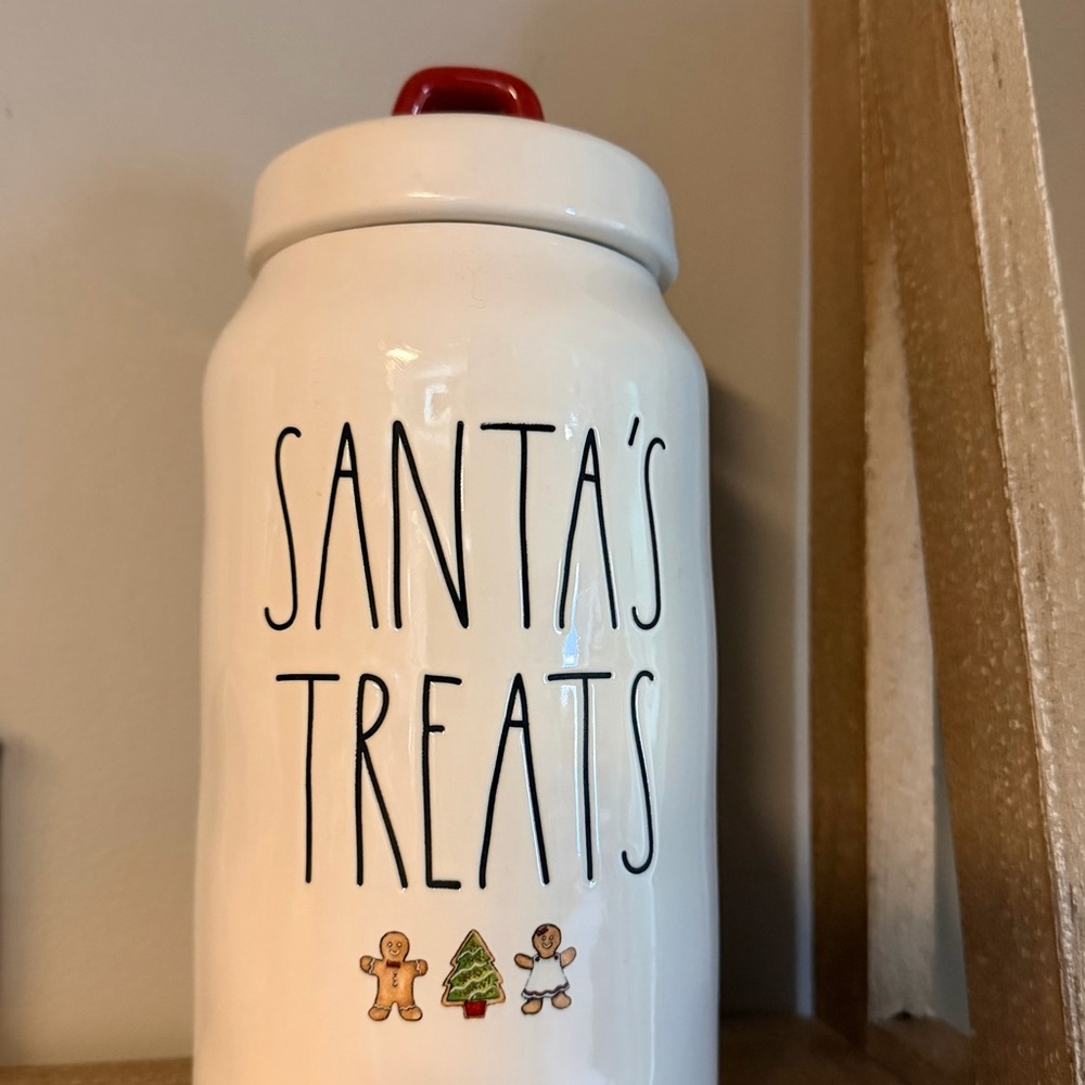 Rae Dunn Santa's Treats Jar - White with Red Lid
